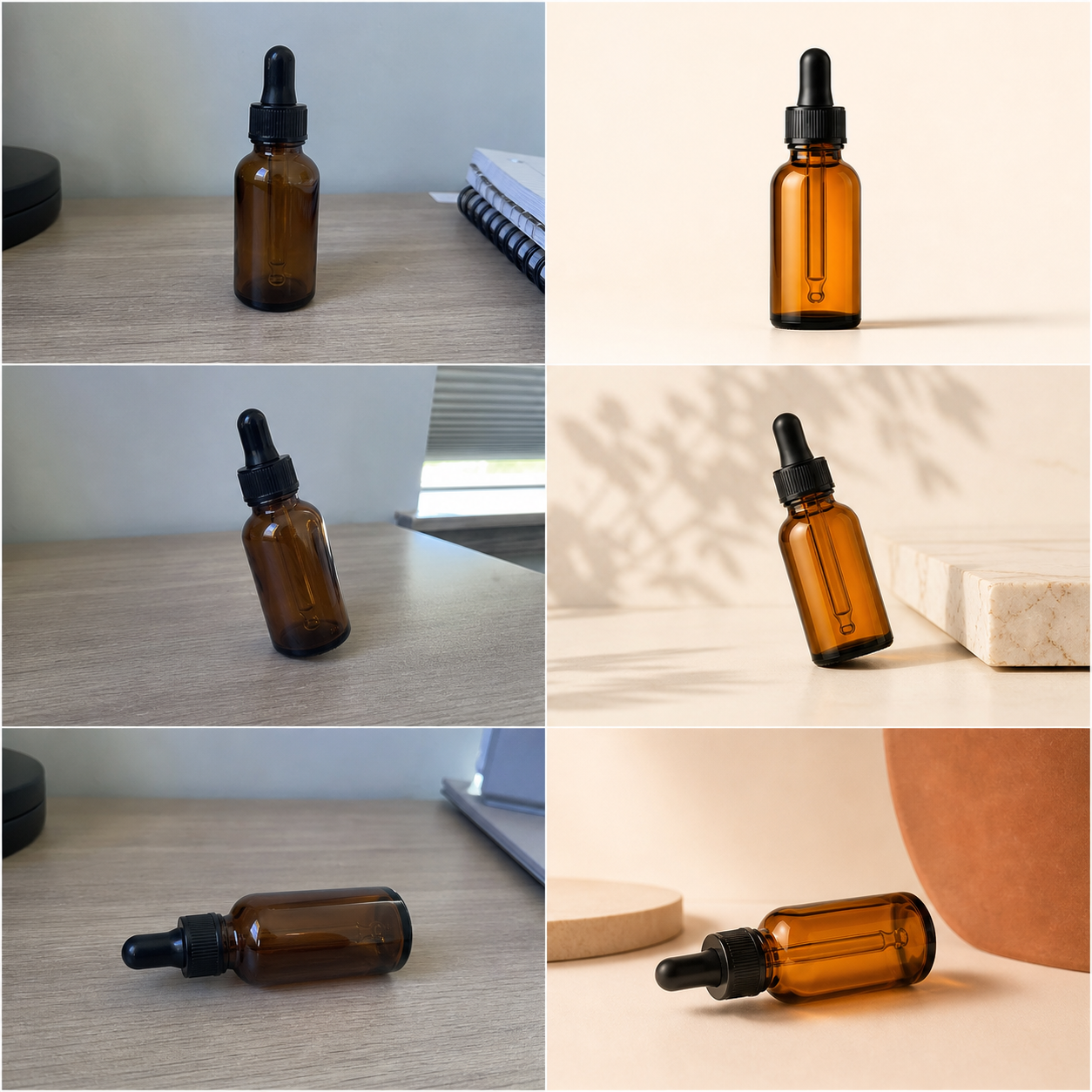 Ba cặp ảnh trước và sau của chai serum: ảnh tự chụp trên bàn tại nhà và ảnh sản phẩm phong cách studio