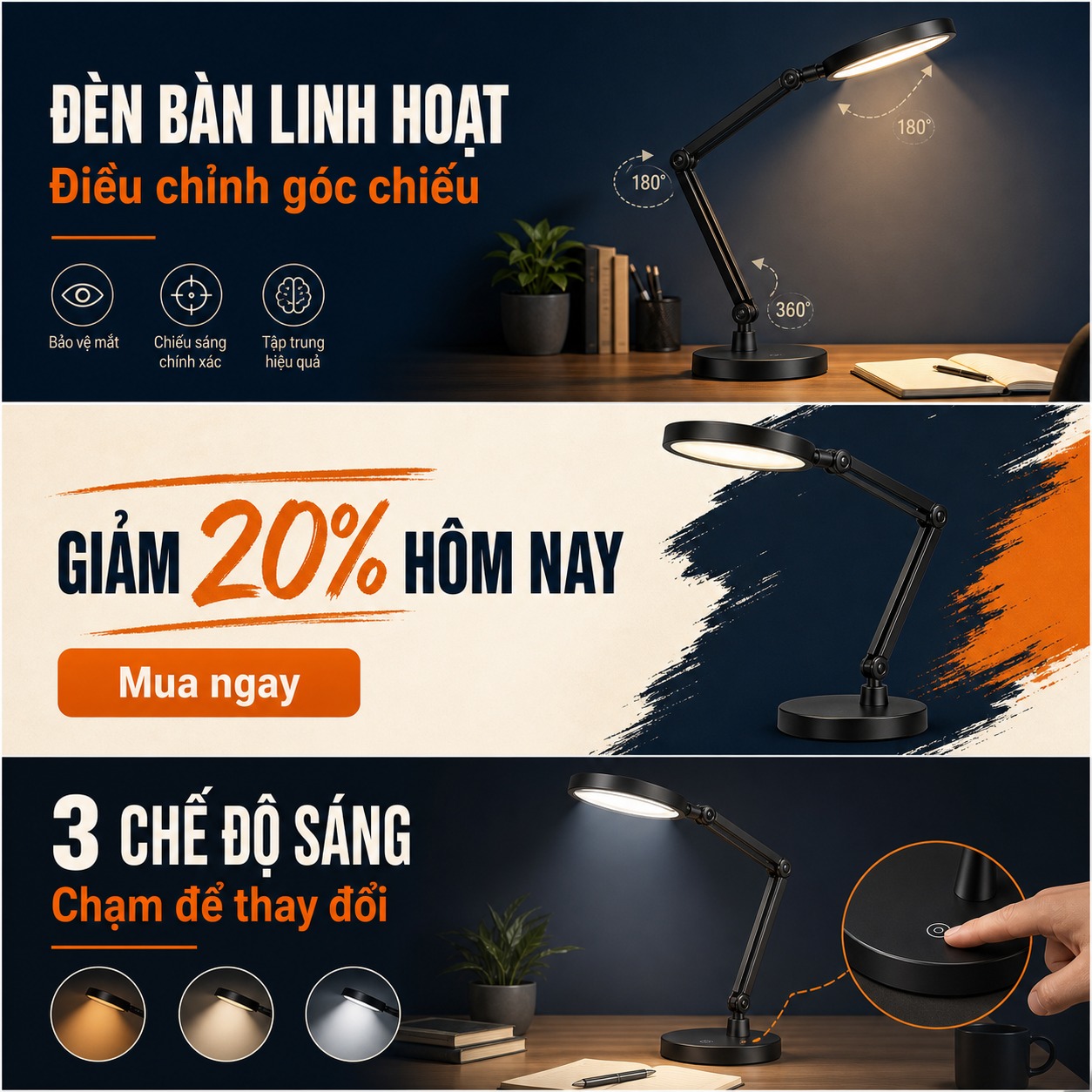 Ba banner quảng cáo tiếng Việt cho đèn bàn, ưu đãi giảm 20 phần trăm và ba chế độ sáng