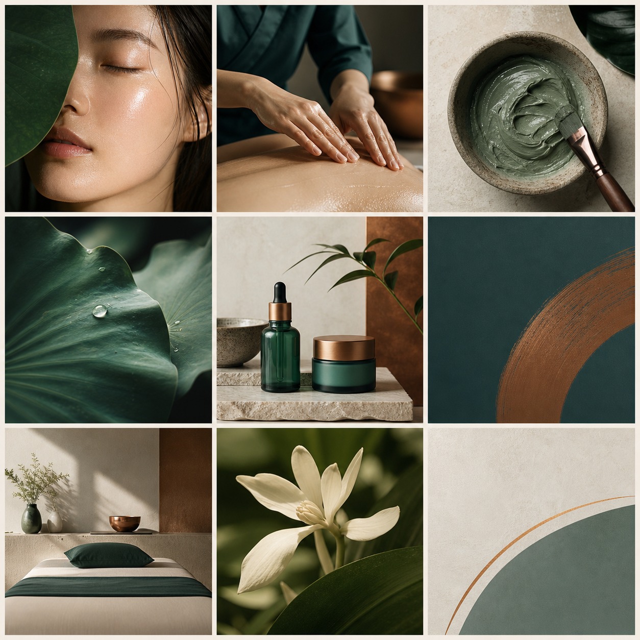 Lưới chín hình ảnh spa cao cấp với chăm sóc da, trị liệu, mỹ phẩm và thực vật