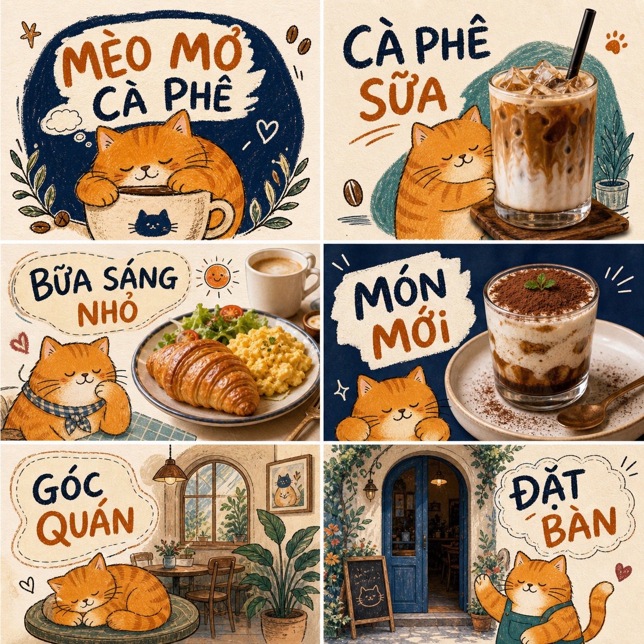 Sáu bài mạng xã hội vẽ tay cho Mèo Mơ Cà Phê với linh vật mèo cam