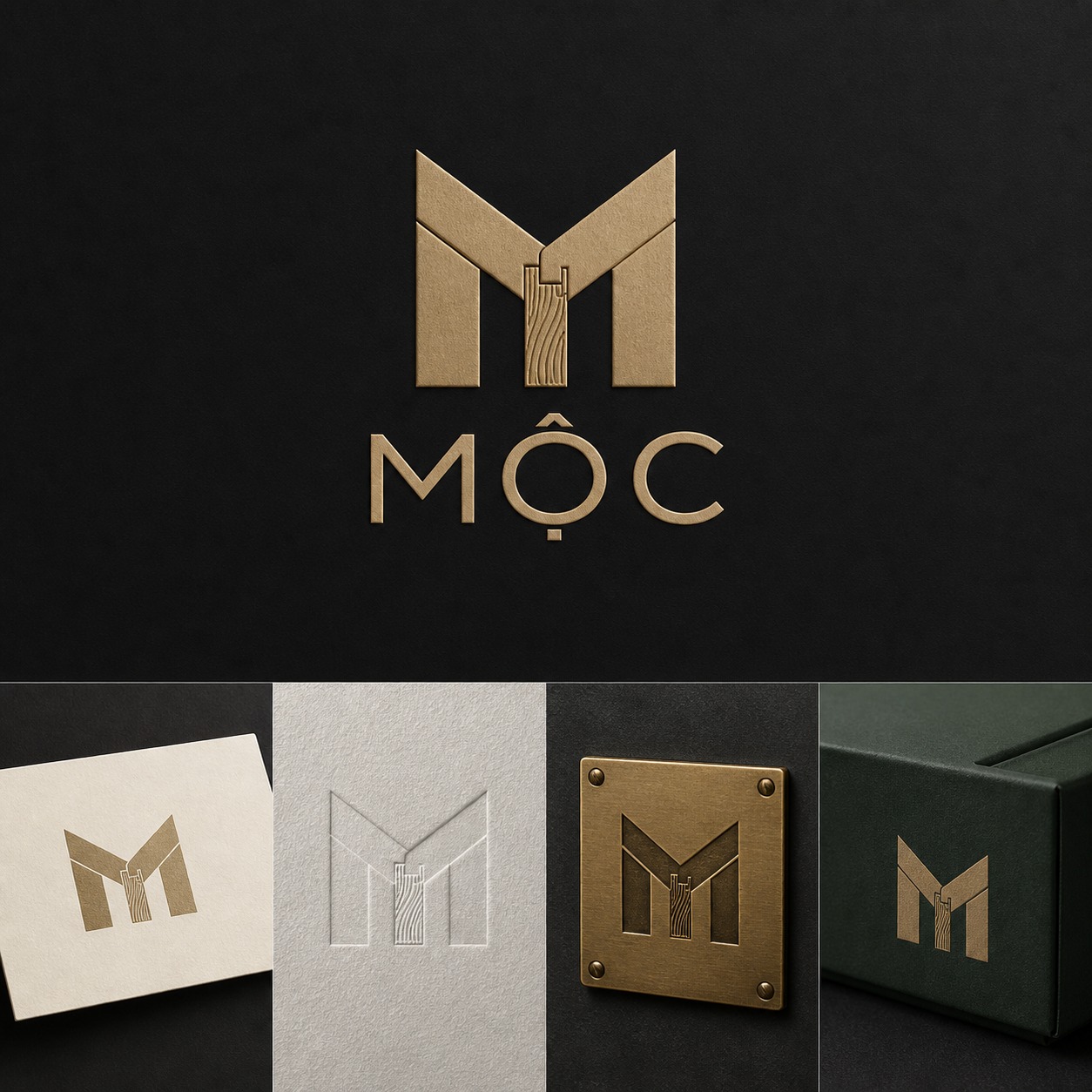 Logo MỘC hình chữ M màu đồng với ứng dụng trên danh thiếp, dập nổi, bảng kim loại và hộp xanh