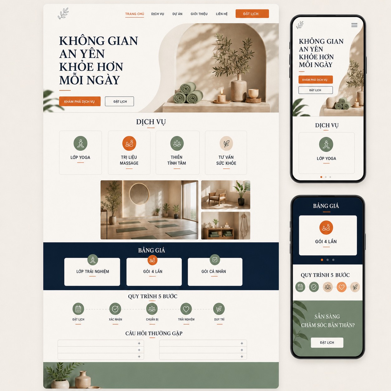 Mẫu landing page dịch vụ wellness trên màn hình máy tính và điện thoại