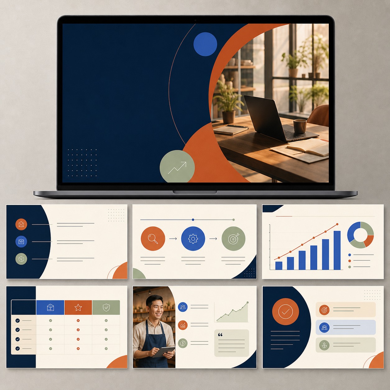 Bộ thiết kế slide PowerPoint 16 trên 9 gồm trang bìa, quy trình, biểu đồ, bảng so sánh và tình huống