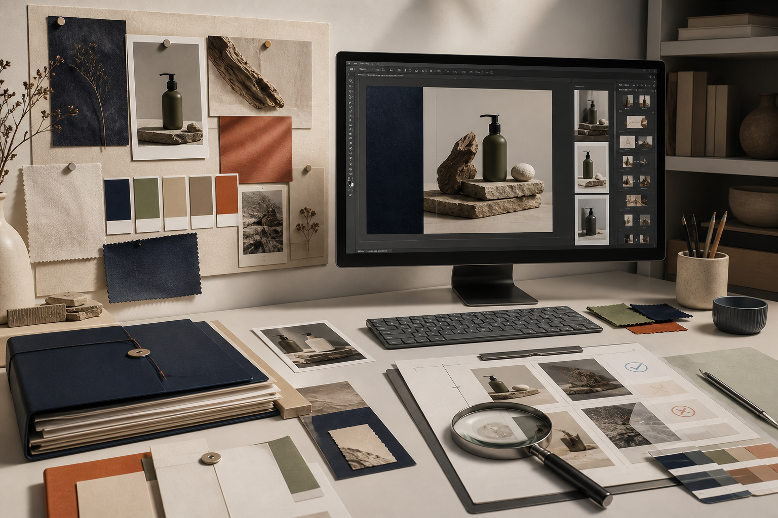 Không gian thiết kế gồm brief, moodboard, màn hình sản xuất và bộ công cụ kiểm tra chất lượng