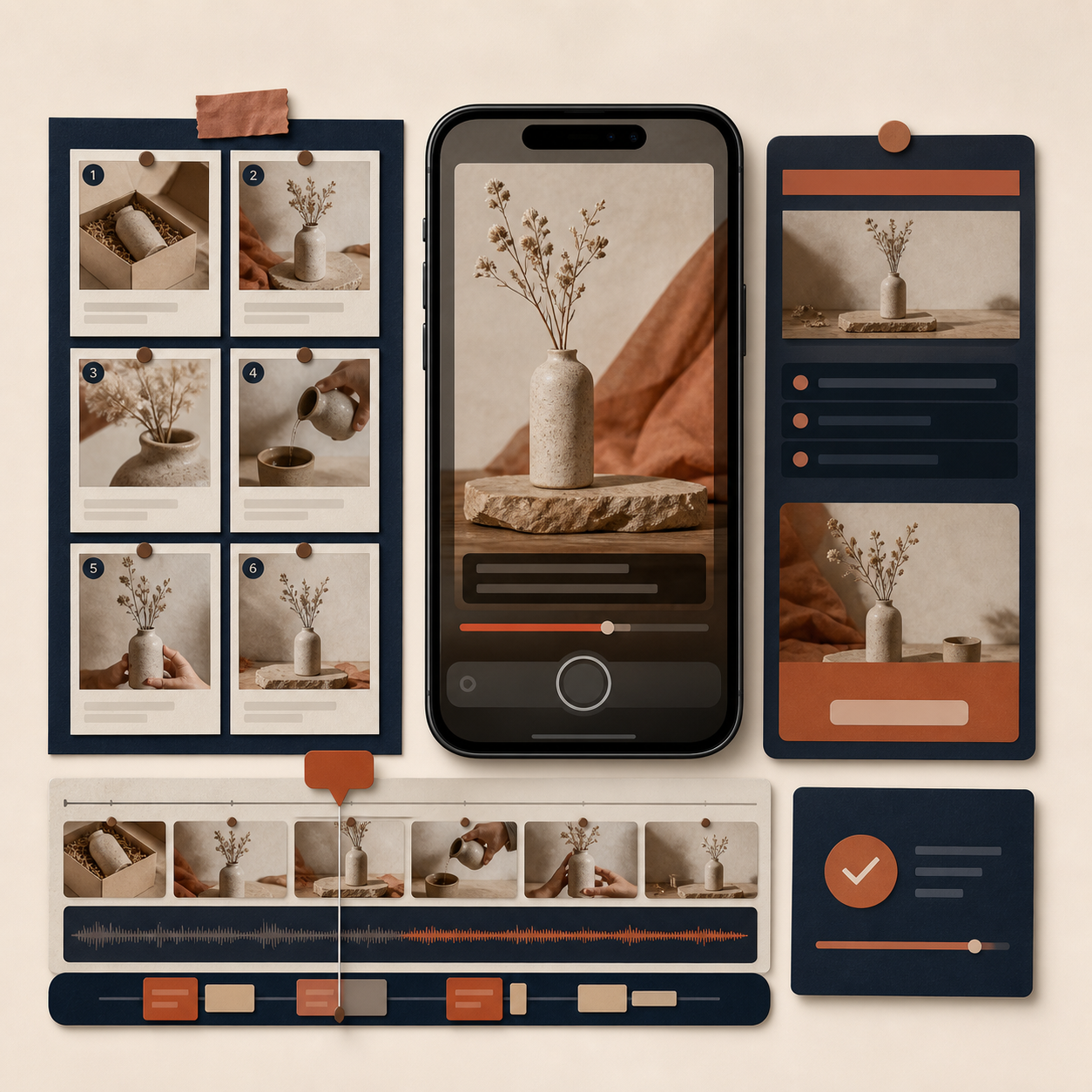 Minh họa hệ thống dựng video ngắn với điện thoại dọc, storyboard, phụ đề, nhịp cắt và lời kêu gọi